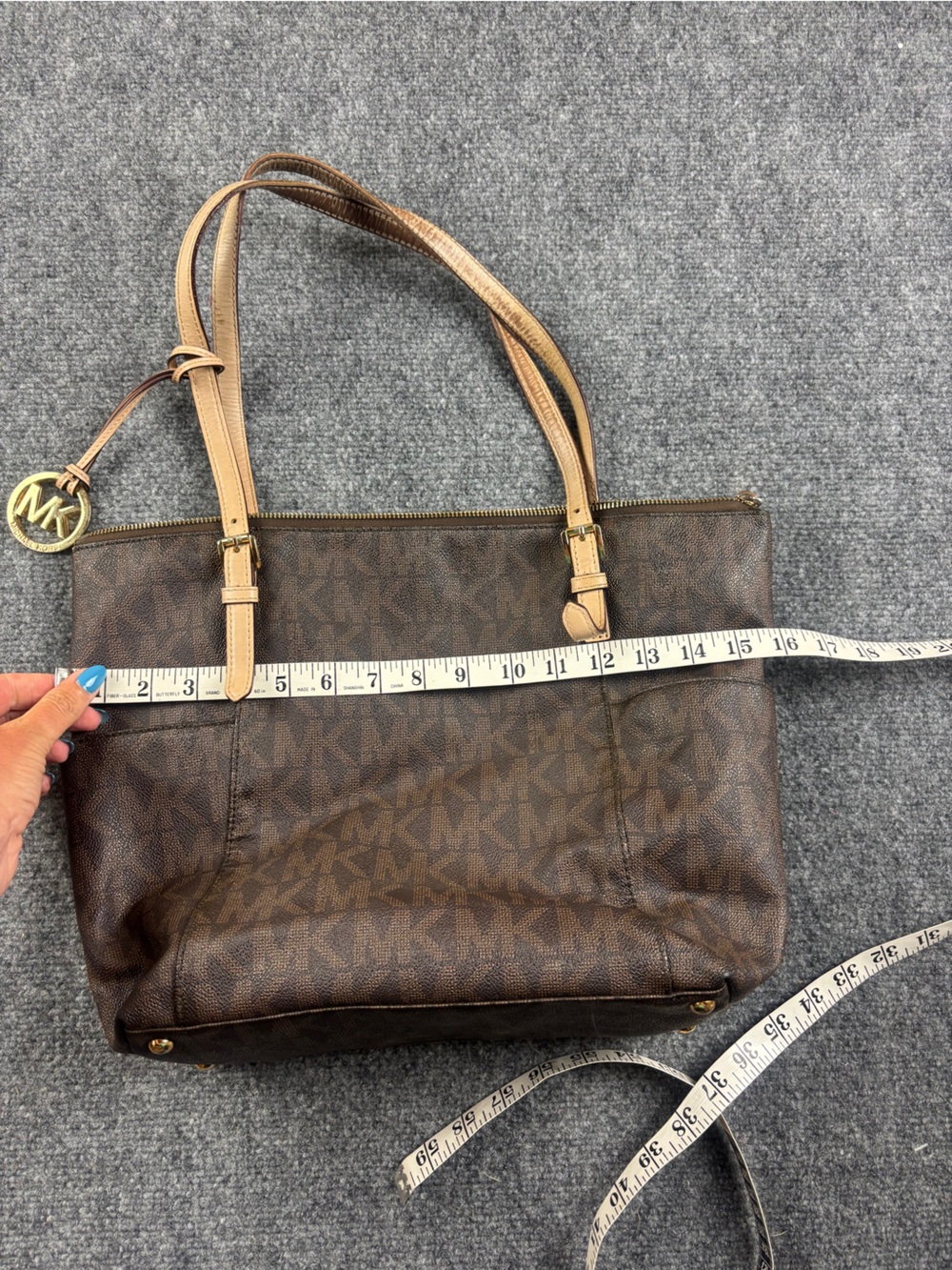 MICHAEL KORS Jet Set Tote Bag Brown Logo Print Canvas Tan Leather Trim Purse - Picture 11 of 11